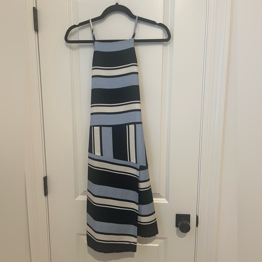 Blue and‎ white stripe asymmetrical hem sheath dress